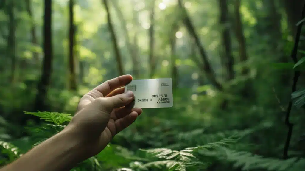 sostenibilità e brand: una mano che tiene una carta di credito in un bosco
