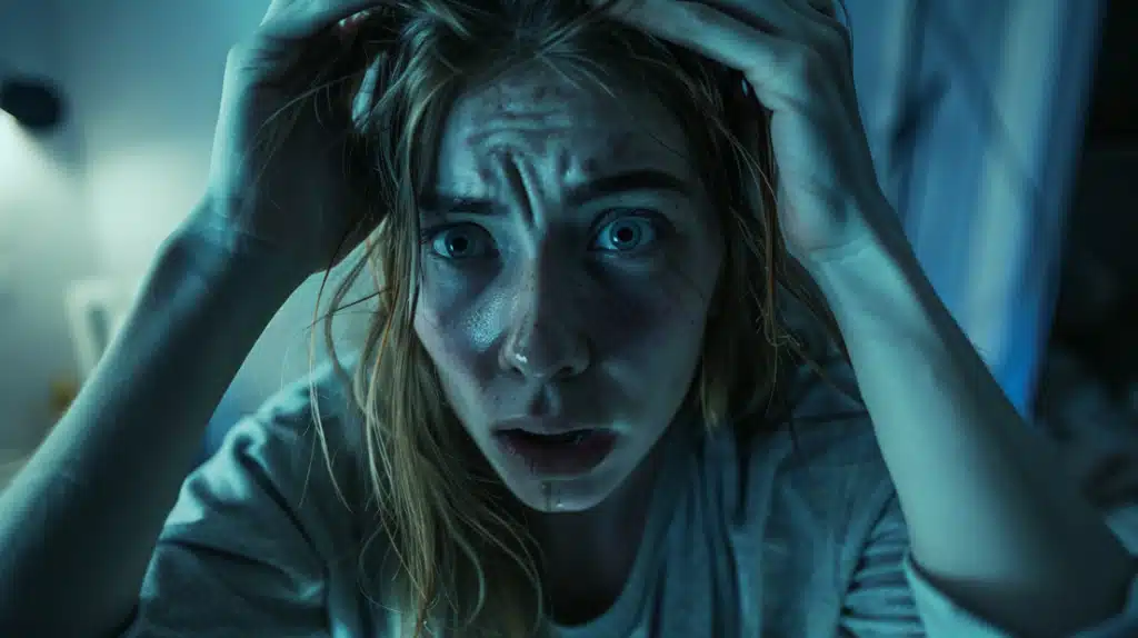 AI Anxiety Una donna disperata e spaventata dall'intelligenza artificiale