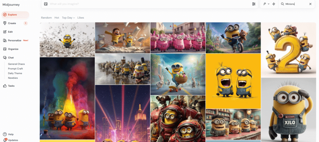 Disney e Universal citano in giudizio Midjourney - in questa immagine la sezione explore di Midjourney con la ricerca "Minions"