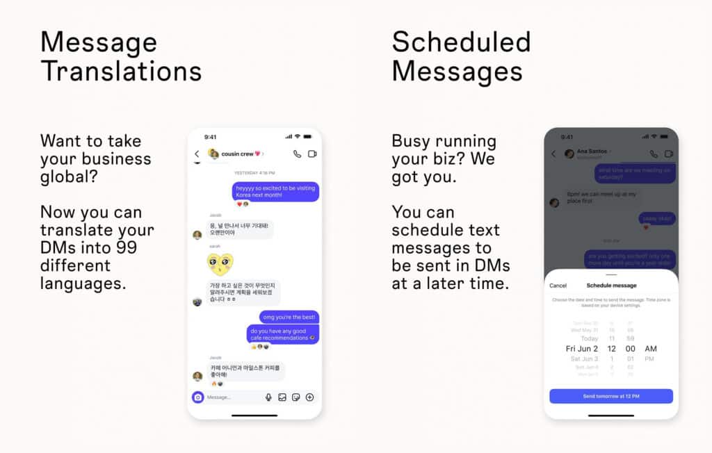 Instagram lancia nuovi strumenti DM per aziende traduzioni automatiche e invio programmato